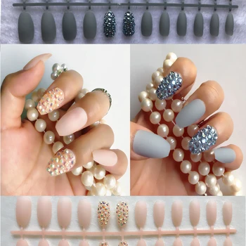 

Custom 24 gorgeous Rhinestone decorative fake nails apricot blue AB Crystal press nail matte flat head peelable false nails