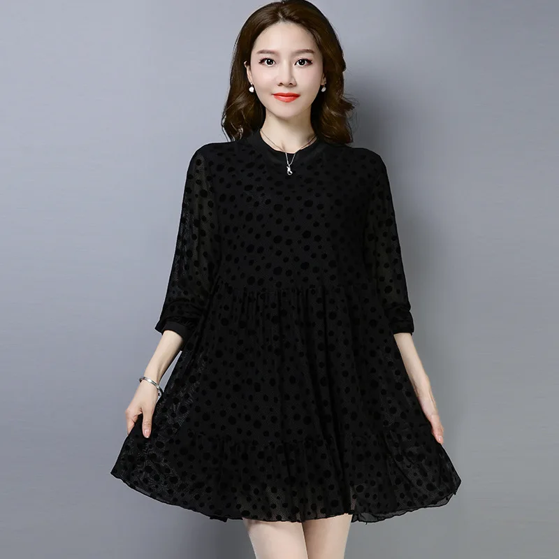 

2019 Mid-length Tops Plus-sized Large Size Dress Cover Belly Slimming Korean-style Fat Mm Long-sleeved Dress Women's