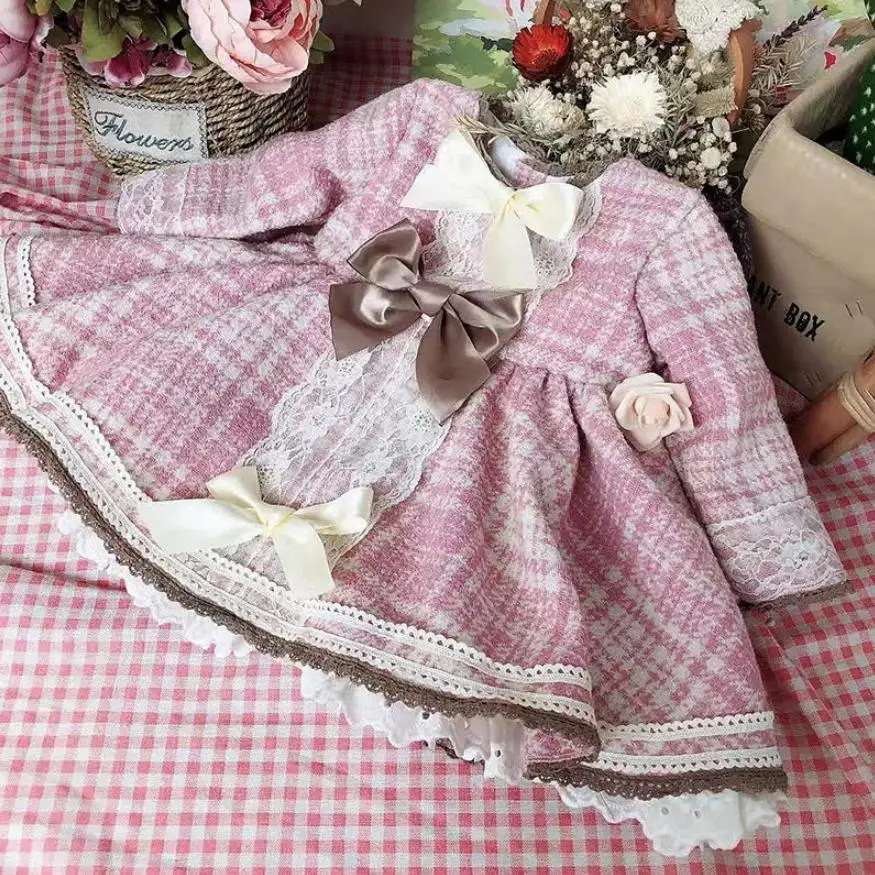 3PCS Baby Girl Thicker Wool Plaid Vintage Spanish Princess Ball Gown Dress image 4