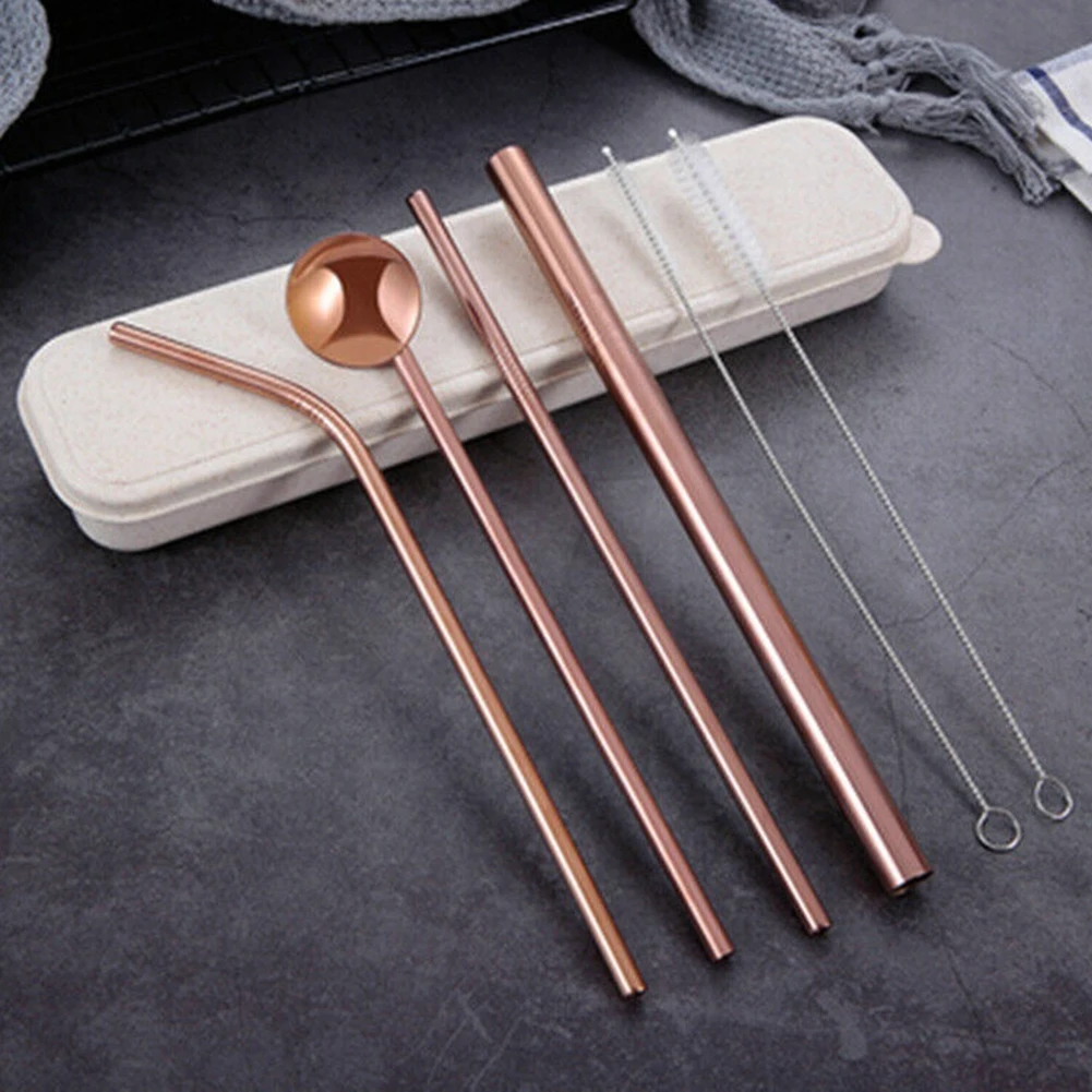 4Pcs Reusable Bent Straight Drinking Straws Stainless Steel Party Bar Accessory