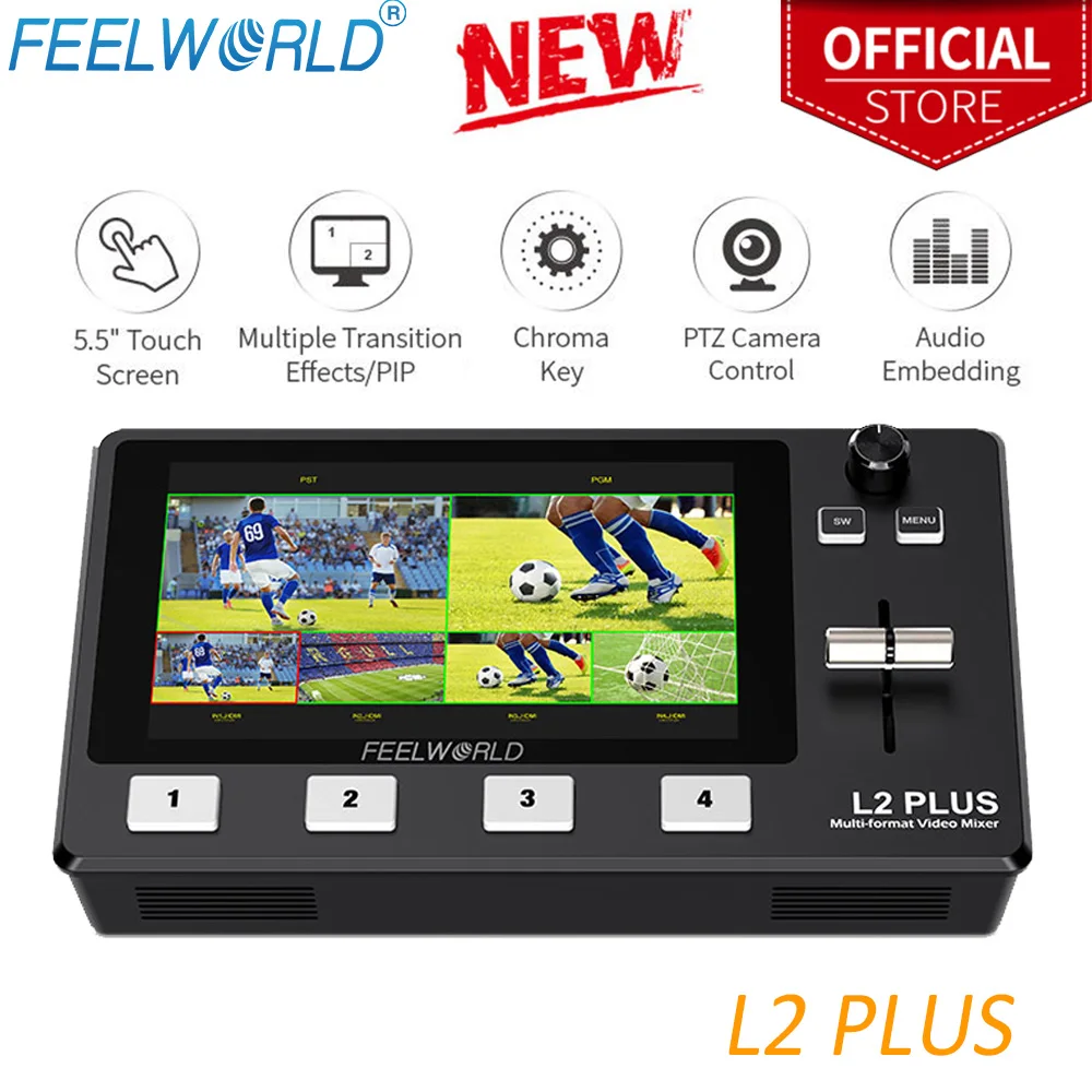 FEELWORLD L2 PLUS 5.5" LCD Multi-camera Video Mixer Switcher With Touch Screen PTZ Control Chroma Key USB3.0 For Live Streaming |