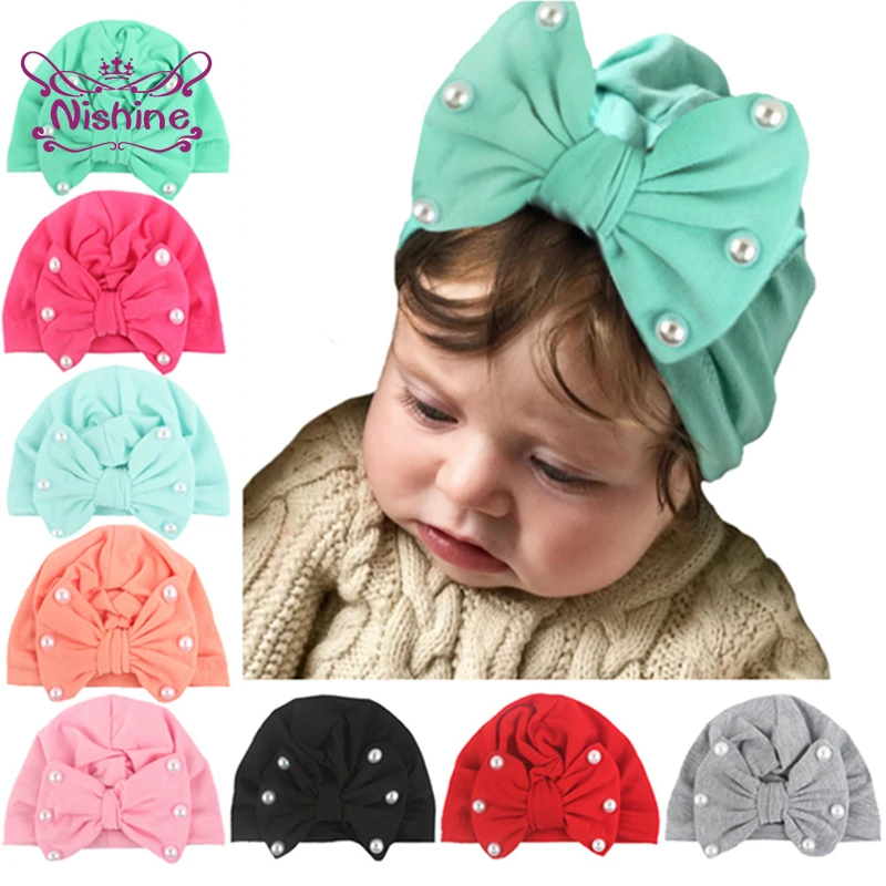 Nishine 14 CM Solid Color Big Bowknot Baby Girls Hats High Quality Warm Bonnet Fashion Handmade Beads Bows Caps Infant Headwear |