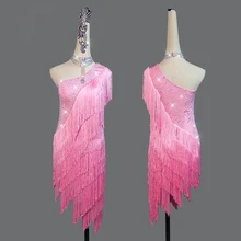 Блестящее платье для латинских танцев со стразами, женская сексуальная розовая юбка с бахромой на плече, Женская праздничная одежда для выступлений