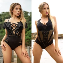 JSY сексуальный цельный купальник женский с открытой спиной Черный Холтер купальники летние винтажные сплошные купальники одежда для плавания с отделкой кружевом