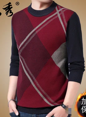 wine red 2234 C1236 Весна Осень Зима Новая мужская одежда среднего возраста мода плед Большой размер Круглый Вырез Свободный вязаный свитер дешево оптом - Цвет: wine red 2234