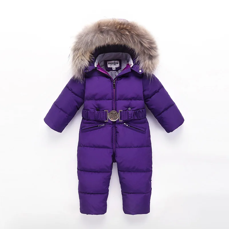 purple Boys windproof ski down jacket kids Siamese Down Jacket Girls pink jumpsuits Down jacket Baby warmth thick winter long coat - Цвет: purple