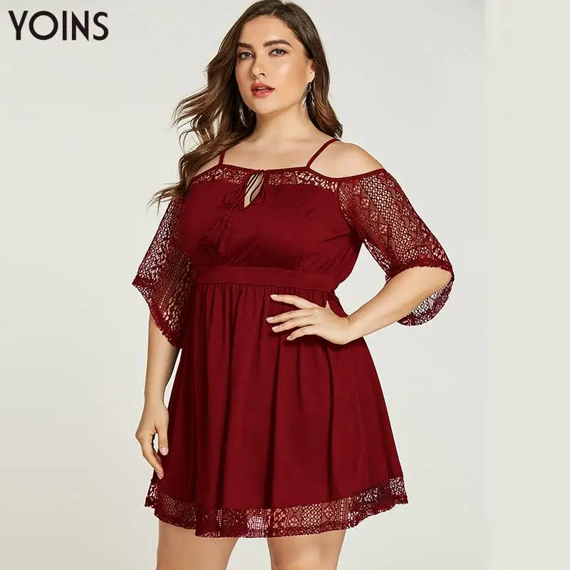 YOINS, осенне-зимнее женское платье, элегантное, размера плюс, на тонких бретельках, с завязками, с открытыми плечами, кружевное платье, сексуальные вечерние платья для сна