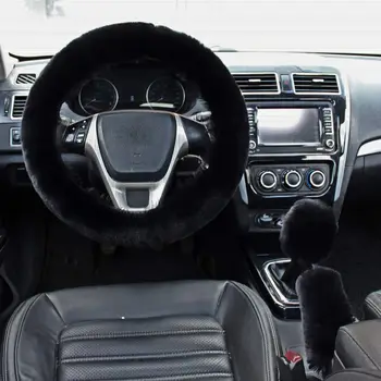 

Hot Universal Winter Plush Car Steering Wheel Covers Faux fur Hand Brake & Gear Cover Set Car Interior Accessories 38cm new