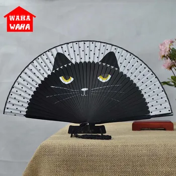 

Chinese Spun Silk Decorative Fans Vintage Folding Fan Hollow Carved Cartoon Cat Hand Fan Hand Held Fan Party Supplies Home Decor