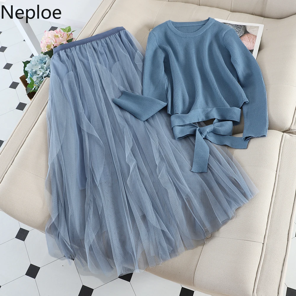

Neploe 2019 New Retro Sets Long Sleeve Bow Tie Short Knitwear + Ruffles Gauze Skirt Women 2019 Autumn Skirts 2 Piece Set 54784