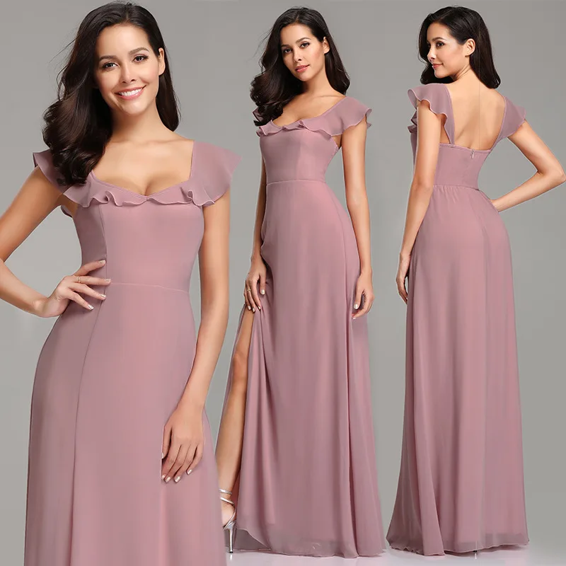

High Wasit Slim Chiffon Bridesmaid Dress 2020 Elegant Split Front Floor-length Ruffle Dress Backless Zipper-up Dress for Wedding