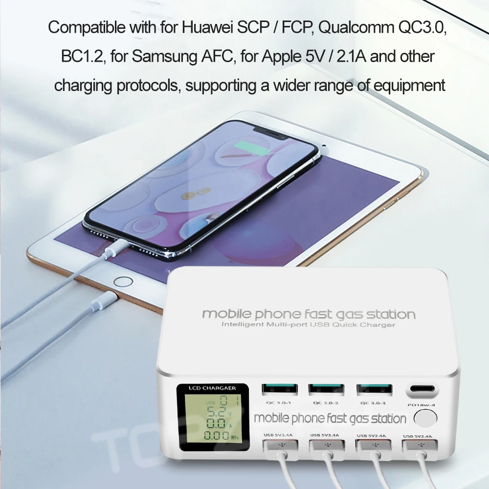 - 8 Port Smart USB Charger 100W Quick Charge 30 PD 30 Fast Charge Adapter LCD Multi USB Charger Station For IPhone X XS Samsung