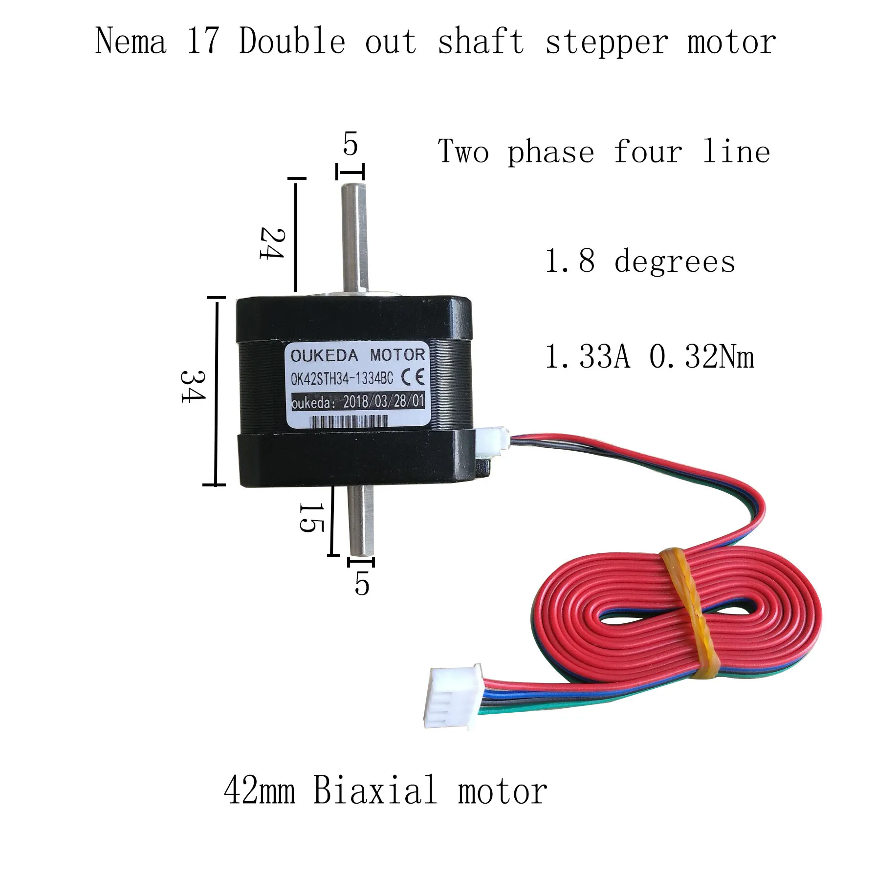 

42BYGH34 two-axis motor 42 stepping motor double output shaft 0.32Nm 1.8 degrees 42 double shaft motor