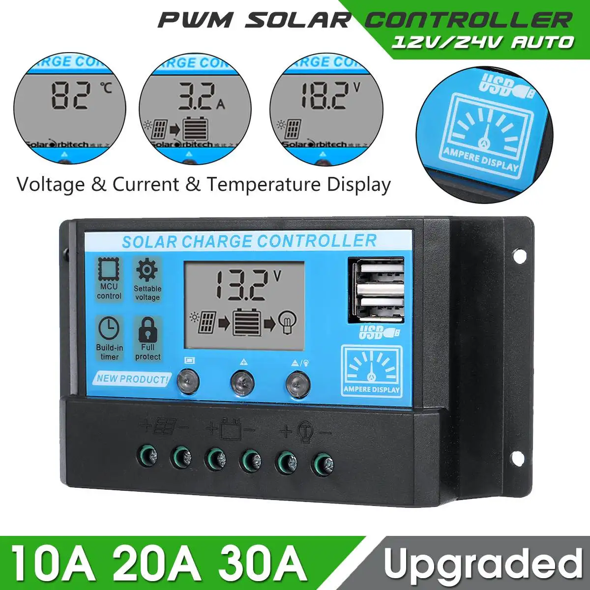 

Solar Charger Controller 30A 20A 10A 12V 24V Battery Charger LCD Dual USB Solar Panel Regulator for Max 5V PV Input Solar Contro