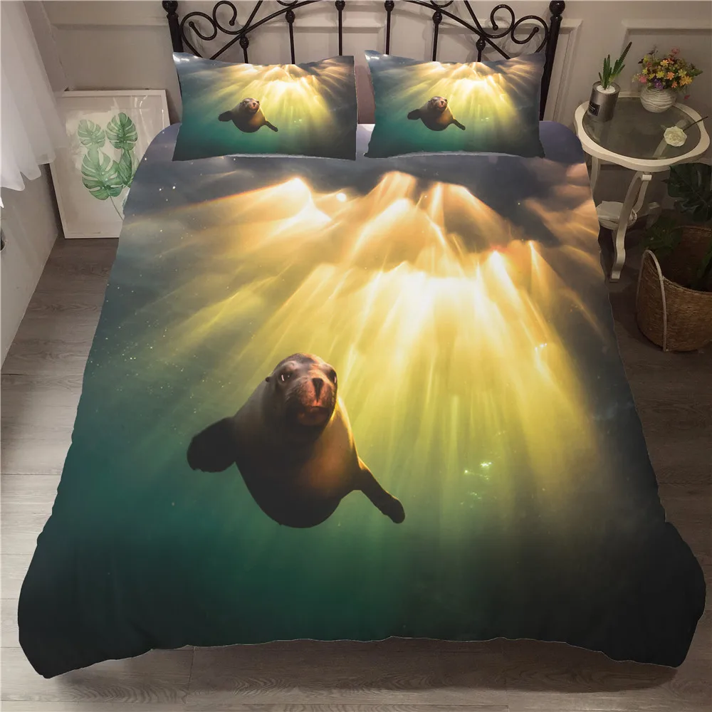 

Bed Cover 3D Bedding Set Sea Lion Printed Duvet Cover Polyester Material Couple Queen Size with Pillowcase