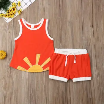 

0-24M Unisex Baby Clothes Set Cotton Orange Sun Print Sleeveless Vest Boys Set Orange Shorts Baby Girls Sets Clothing Baby Suit