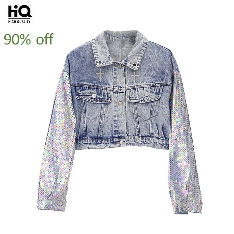 

Spring New Fashion Sleeve Sequins spliced Denim Short Female Jean Coat Stand Collar Singgle Breasted Top Quality Boyfriend Blue