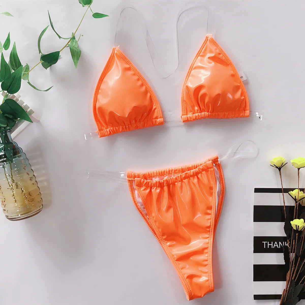 Сексуальный неоновый жидкий кожаный прозрачный ремешок бикини треугольник микро купальник Женская одежда для плавания пляжная одежда купальный костюм - Цвет: Neon Orange Bikini