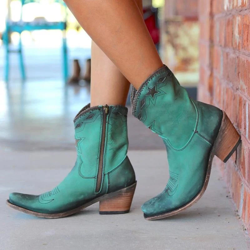 

Lasperal Women Ankle Boots Western Retro Leather Heels Pointed Toe Solid Pattern Sewing Botas Mujer Female Side Zipper Boots