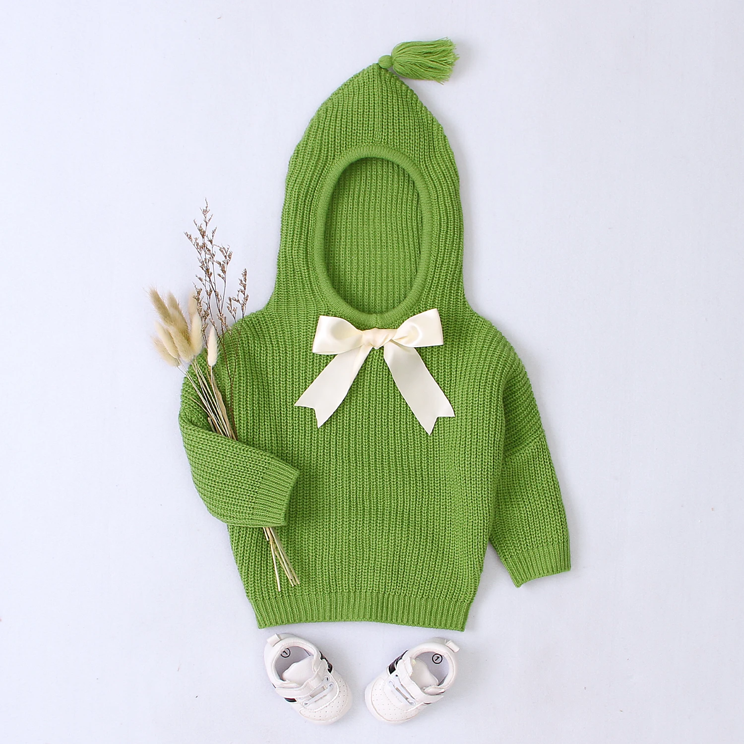 Зимняя вязаная для маленьких девочек, теплый свитер с капюшоном, топ, плащ с бантом - Цвет: Зеленый