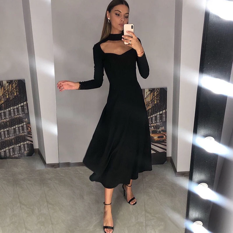 

Linglewei 2019 Solid knitting temperament sexy round neck patchwork hollow dress
