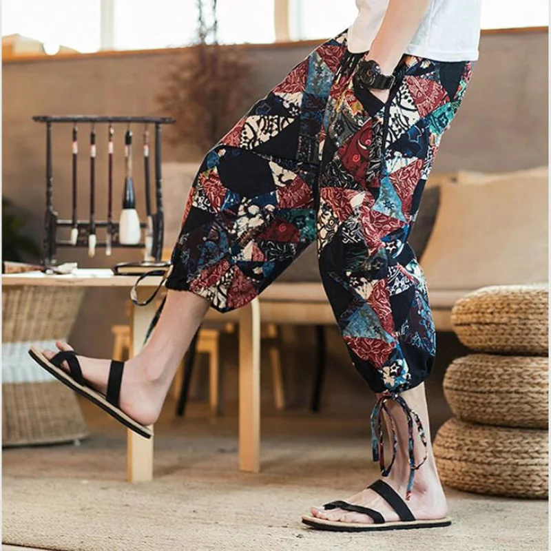 

2019 Sinicism Man Casual printing pants Drawstring sweatpants Men Summer Cotton Linen pants Clothes bloomers Plus size S-5XL