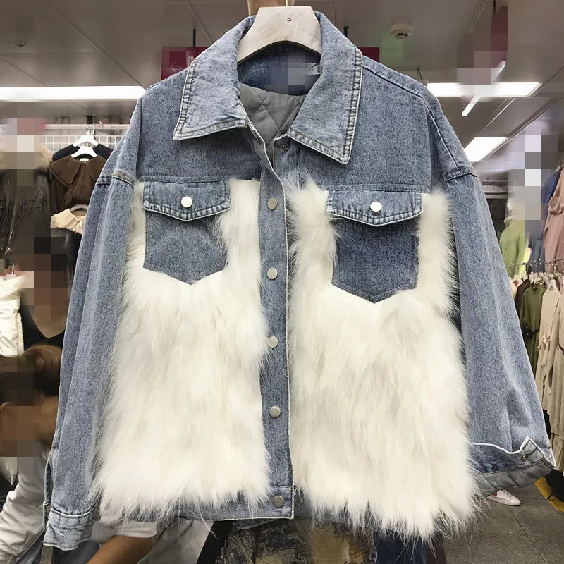 Winter Korean Style Real Fox Hair Denim Jacket Women's Cotton Padded Female Casual Coat Girls Thickened Warm Cowboy Jackets