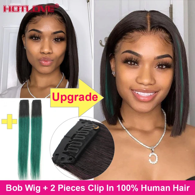 Short Bob Wig Bone Straight Human Hair Wigs for Black Women Pre-Plucked 5x5x1 Closure Wig Brazilian Hair Lace Wigs 150% Denisty Bob add 2Clips Green