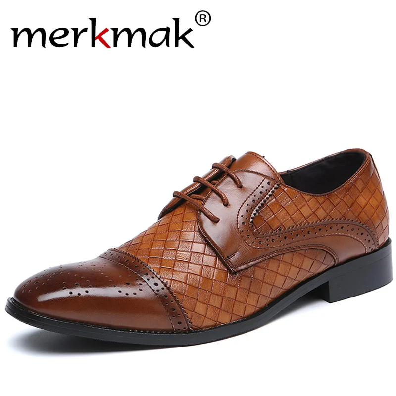 

Merkmak 2020 Pointy Business Men Shoes British Style Lace-up Oxfords Big Size Male Party Wedding Shoes Autumn Men Bullock Shoes
