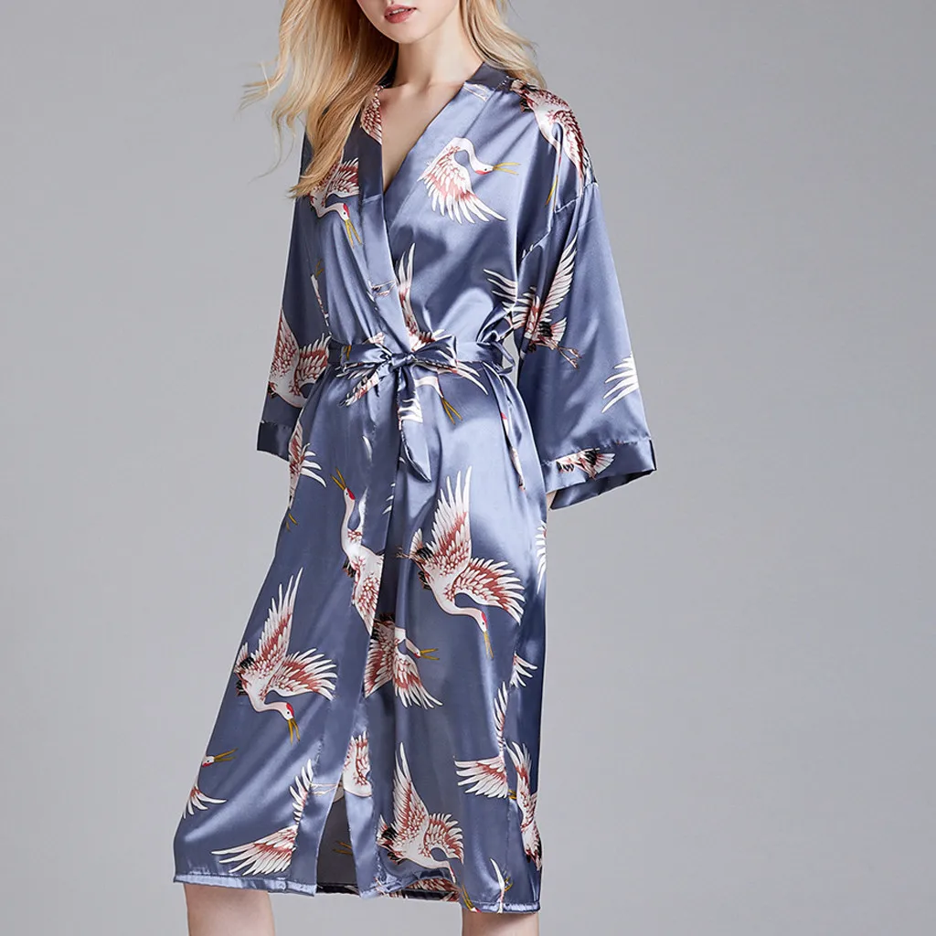 Lady Long Robe Pregnant woman Kimono Robe Nightwear Floal Sexy Silk