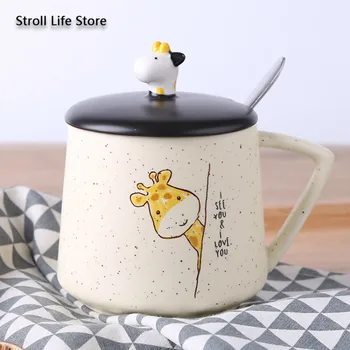 

Cute Ceramic Coffee Cup Children's Mug with Lid Spoon Creative Water Cup Home Milk Breakfast Mugs Coffee Cups Friends Gift CM056