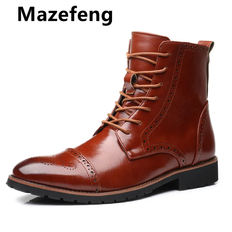 

Winter Men Boots PU Outdoor Carving Ankle Boots Male Lace Up Anti-slip Booties British Martin Boots Plus Size Zapatos De Hombre
