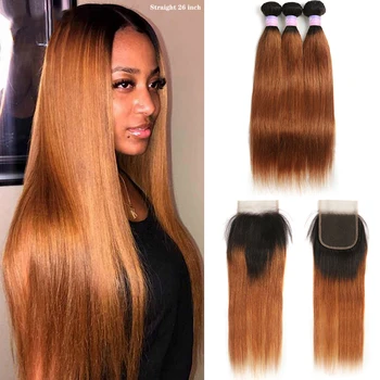 

1B/30 Brazilian Straight Human Hair Bundles With Closure 4x4 Ombre Red Brown Two Tone 3 Bundles With Closure Non-Remy KEMY HAIR