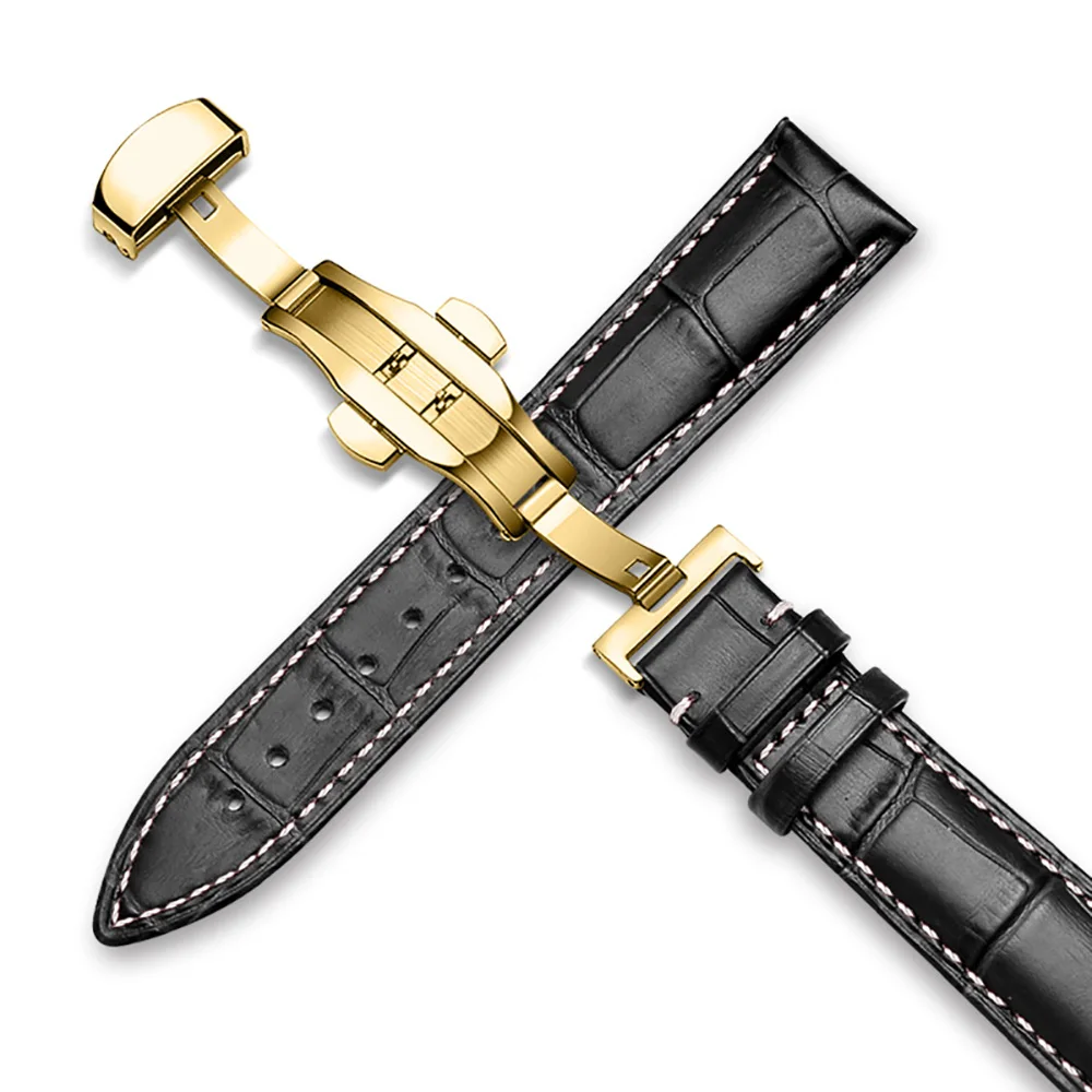 Ремешок для часов из натуральной кожи 16 мм 18 мм 20 мм 22 мм ремешок подходит для всех брендов мужских и женских часов - Цвет ремешка: blackwhitelinegold