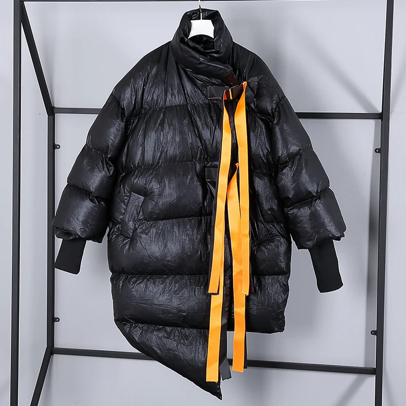 Size Plus Harajuku Winter Long Sleeve Ribbon Patchwork Cotton Padded Coat Female Irregular Hem Long Coat Women Parkas JJ77