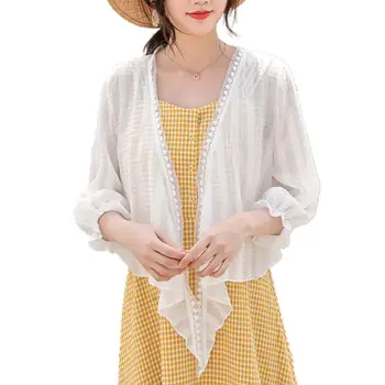 

Women Sunscreen Short Cardigan Lace Trim Sheer Chiffon Stripes Tie Front Shawl