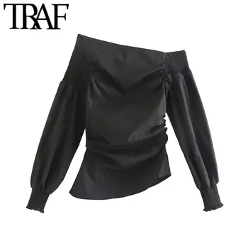 

TRAF Women Vintage Stylish One Shoulder Pleated Irregular Blouses Fashion Skew Collar Long Sleeve Office Wear Shirts Chic Tops