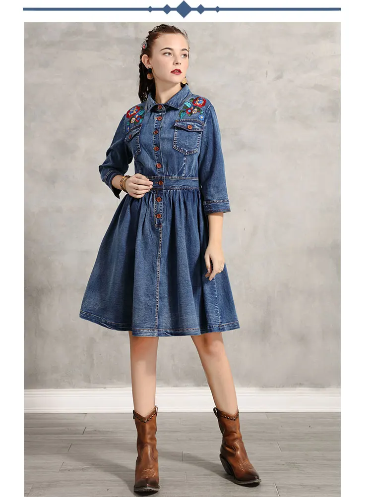 Женское платье Yuzi. may Boho новые джинсовые женские платья с отложным воротником Цветочная вышивка А-силуэта Vestidos A4917