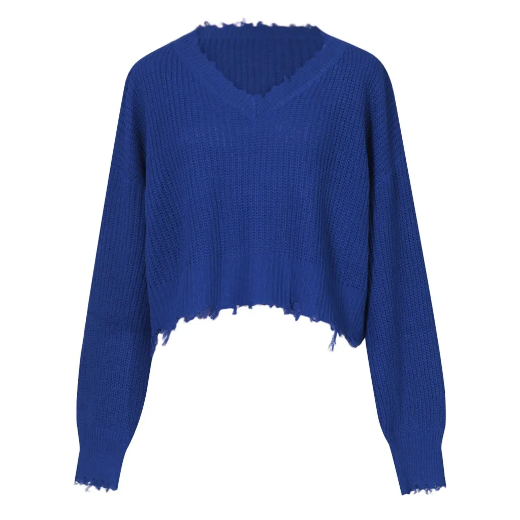 Однотонный короткий свитер с потертостями Женская мода осень/зима с длинным рукавом трикотажные женские свитера с v-образным вырезом пуловер wrap - Цвет: BU