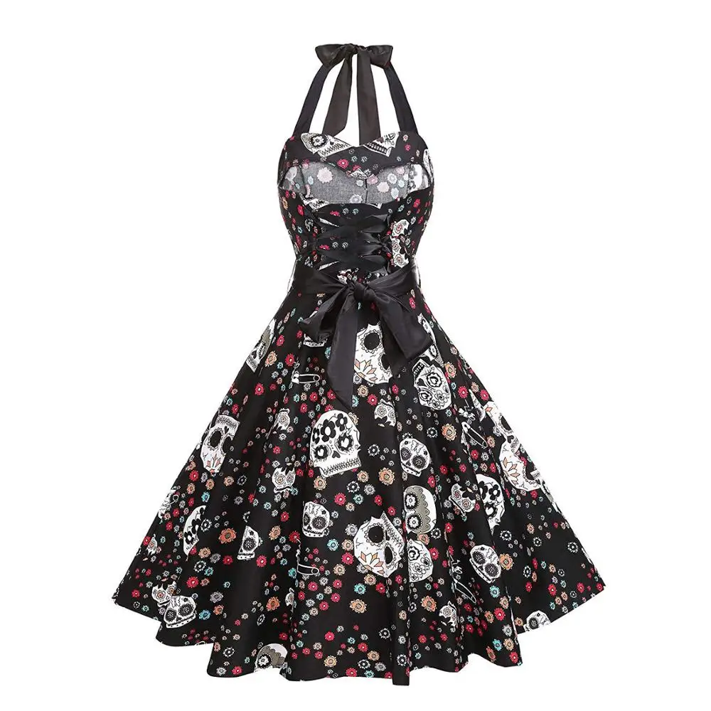 Retro Vintage Holiday Party Gothic Dress 50s The Nightmare Before Christma Skull Jake 3D Print Sleeveless Skater Pleated Dresses