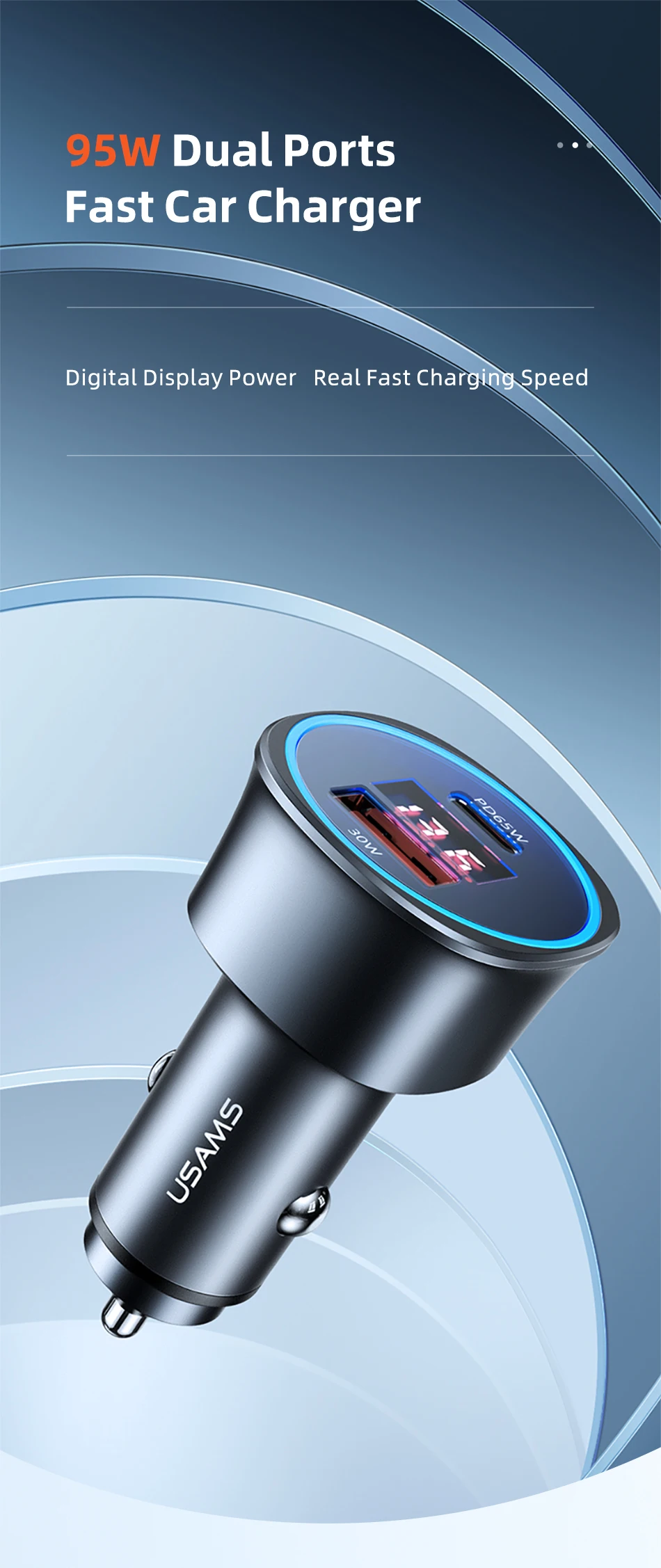 USAMS 95W QC PD 3.0 Car Phone Charger Fast Charging Aluminum Alloy