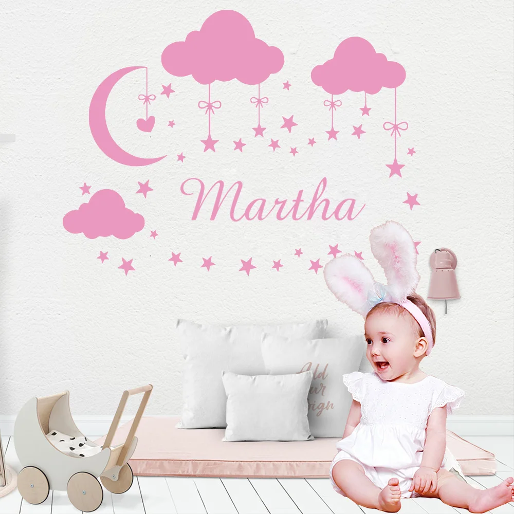 Personalized Custom Name Vinyl Wall Sticker Cloud Moon Star For Kids