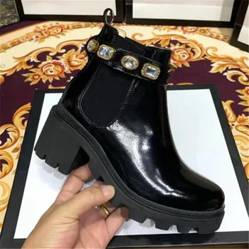 

Rhinestone Boots Women Crystal Belt Design Ankle Boots Round Toe Platform Shoes Chunk Heels Leather Winter Militries Boots 20019
