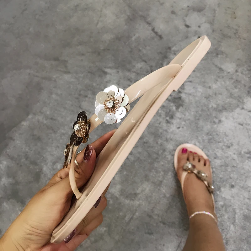 Summer Women Sequin Flower Flip Flops Casual Beach Slippers Female Open Toe Shoes Outdoor Flat Sandals Fashion Soft Jelly Slides