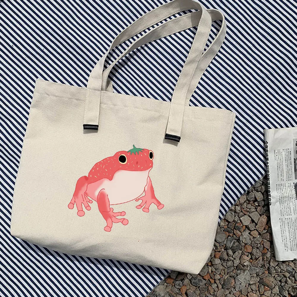 Women Aesthetic Harajuku Cute Strawberry Frog Print Tote Bag Eco Foldable Shopper Original Package Travel Shopping Canvas Bags | Багаж и