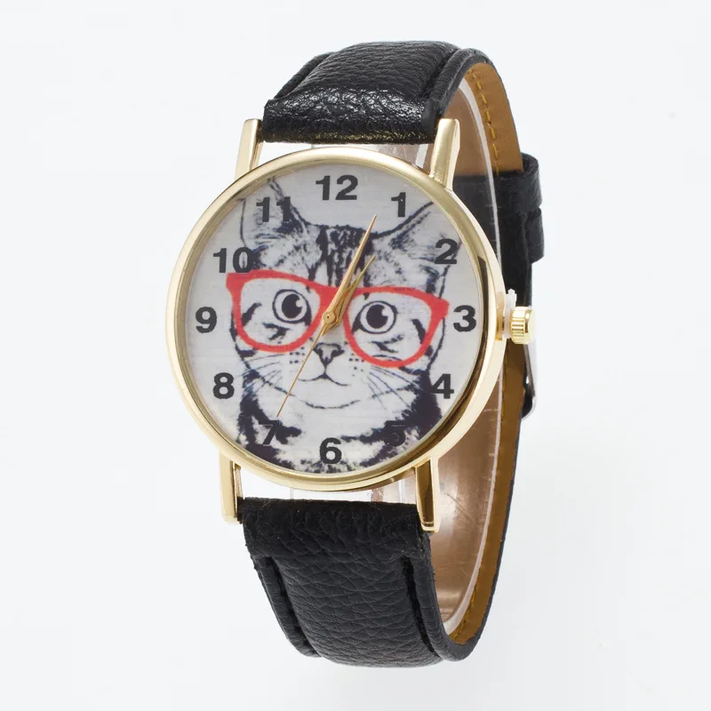 

0035 Gold Circle Watchcase Frame Big Cat Face Pattern Dial Pu Hide Substance Watch Strap Men's Women's Universal Watch