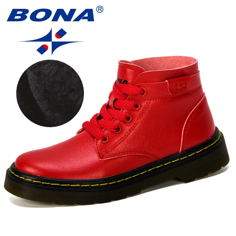 BONA, новые дизайнерские зимние мальчики Ботинки, детская обувь, детские кроссовки модные кожаные ботинки с плюшевой подкладкой Ботильоны на плоской подошве Мода - Цвет: Red