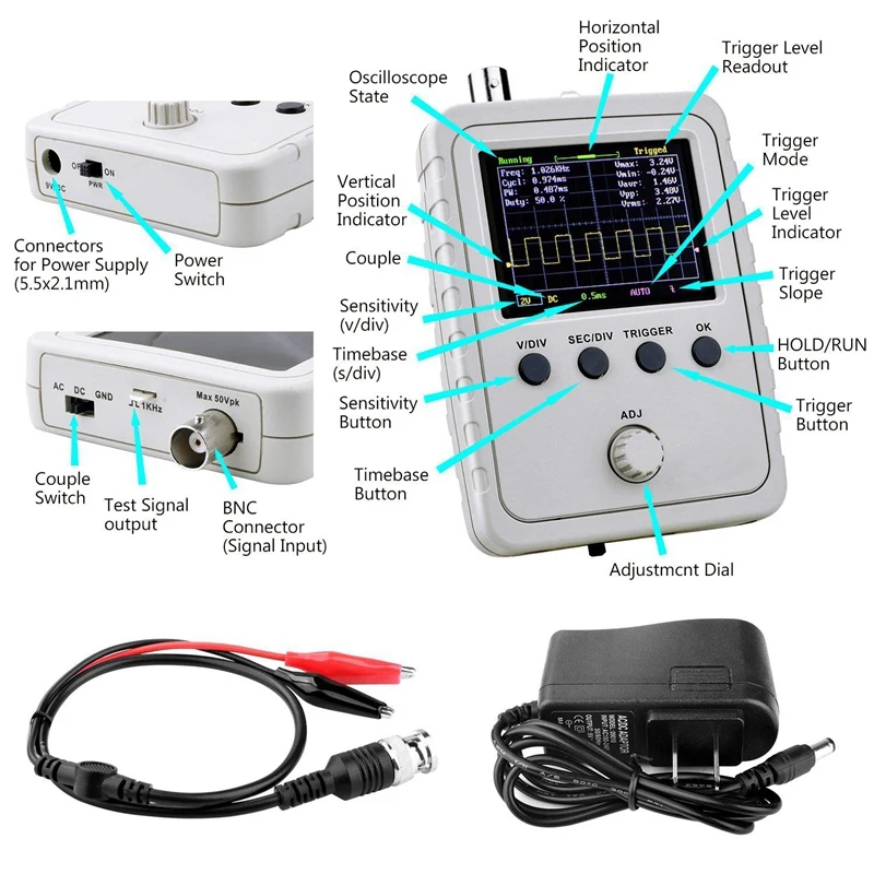  Updated 2.4-Inch Tft Digital Oscillator Kit with Power Supply and Bnc-Clip Cable Probe Q15001 (Asse