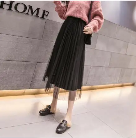 Korean Vintage Winter Tulle Skirts Elastic Waist Patchwork Pleuche Gauze Long Pleated Tulle Skirts Women Midi Tulle Skirt - Color: Black