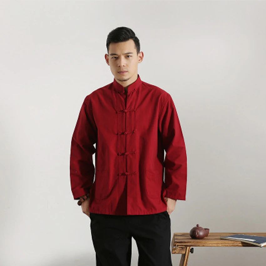 Хлопковые традиционные китайские костюмы для мужчин, рубашка с длинным рукавом, Одноцветный костюм Танг, повседневный мужской осенний костюм кунг-фу, Костюм тайцзи, униформа
